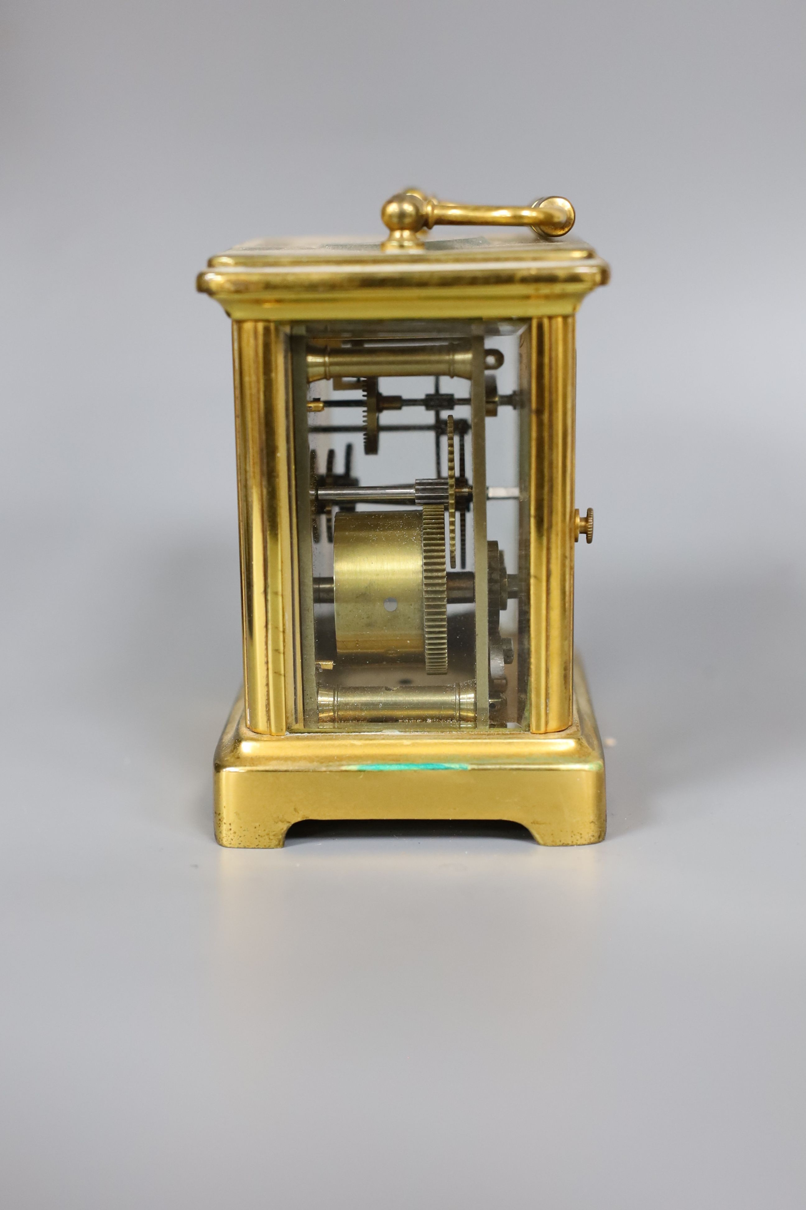 A small French brass carriage timepiece, 12cm